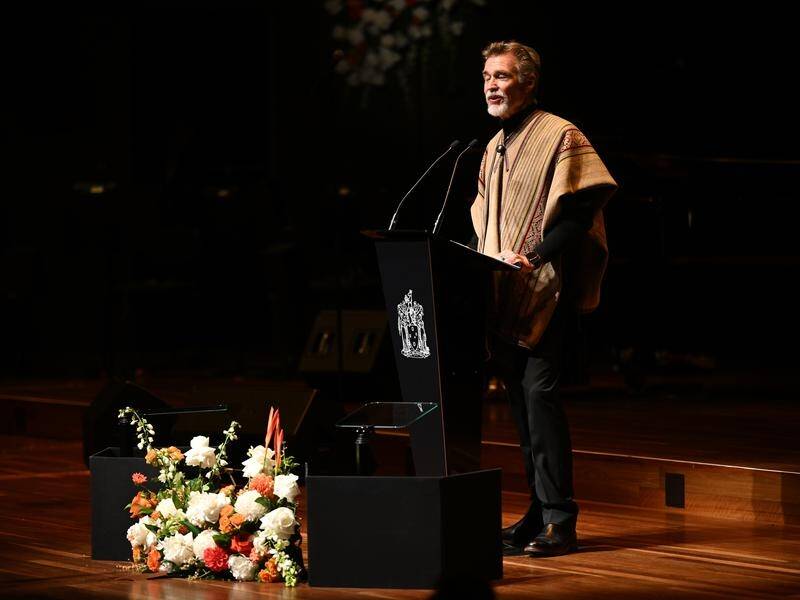 Husband John Easterling paid tribute to Olivia Newton-John's courage and spirit at the service. (James Ross/AAP PHOTOS)