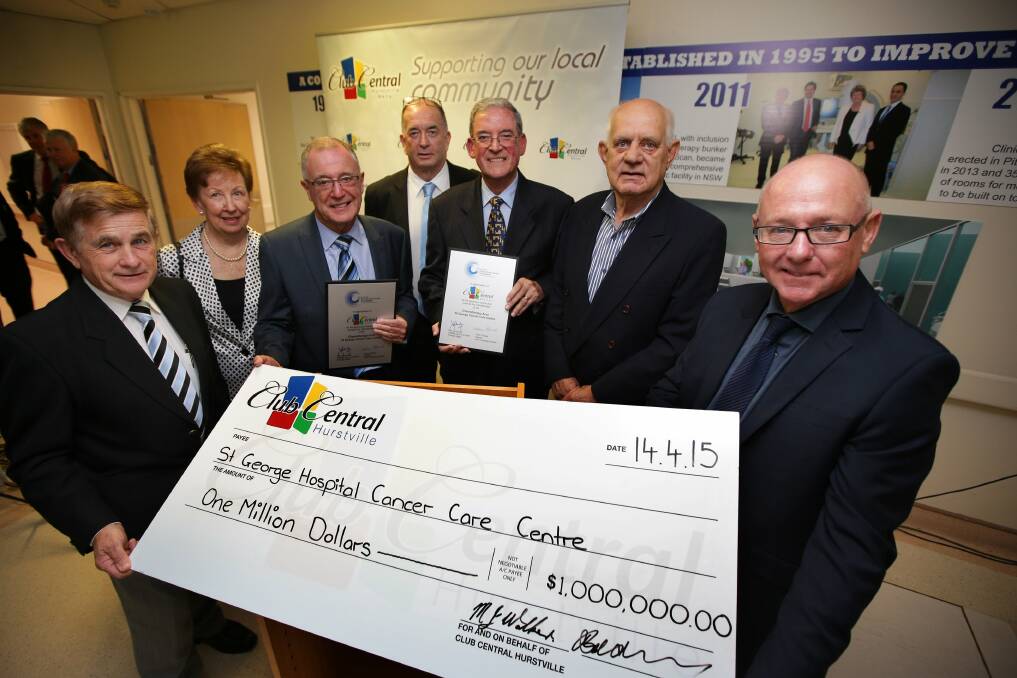 Very generous: St George Hospital Cancer Care Centre receives $1 million from Club Central. Pictured are Sutherland Shire councillor Steve Simpson, Sandra Coogan, Cancer Care Centre Foundation chairman Warren O’Rourke, Club Central chief executive Mike Walker, Club Central board chairman Bernie Holdsworth, Alf Briscoe and Phil Stanton. Picture: John Veage

