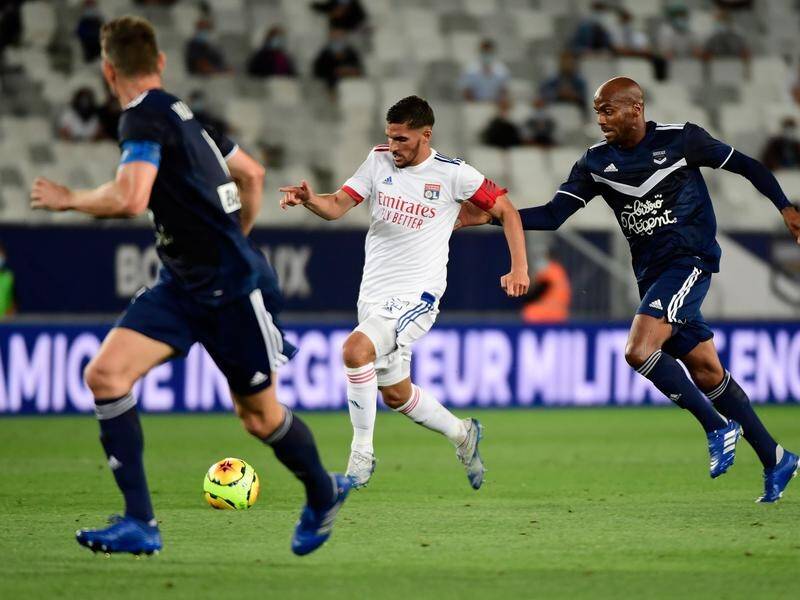 Lyon's Houssem Aouar (c) hit the post in their goalless draw against Bordeaux on Friday.