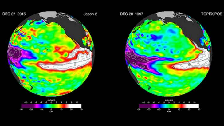 By area affected, this year's El Nino is larger than the 1997-98 monster event, NASA says. Photo: NASA