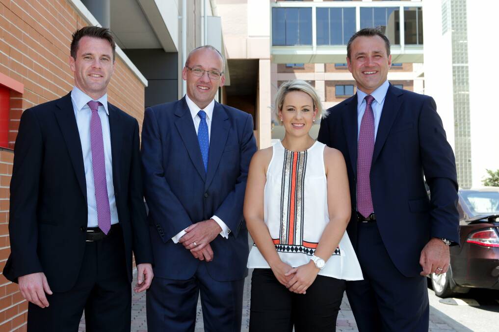New Labor leader: Chris Minns, Opposition Leader Luke Foley O'Bray Smith and Steve Kamper oustide St George Hospital. Picture: Jane Dyson