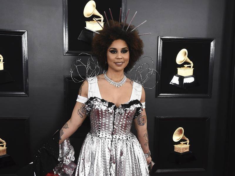 Joy Villa arrives in a pro-Trump outfit at the 61st annual Grammy Awards in Los Angeles.