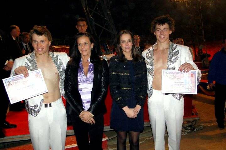 Born in St George:  Merrik Ashton of Circus Joseph Ashton (on the far right)  receives his award  from Princess Stéphanie and her daughter Pauline Ducruet.  Below: performing in  Monte Carlo.

