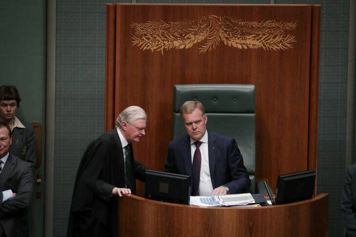 Speaker Tony Smith exercises the use of his casting vote during a tied division in the House of Representatives at Parliament House in Canberra on  Wednesday 6 December 2017. fedpol Photo: Alex Ellinghausen