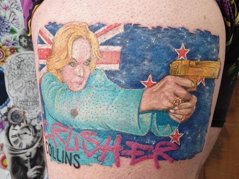 One excited fan has had a tattoo of New Zealand Opposition Leader Judith Collins put on his leg.