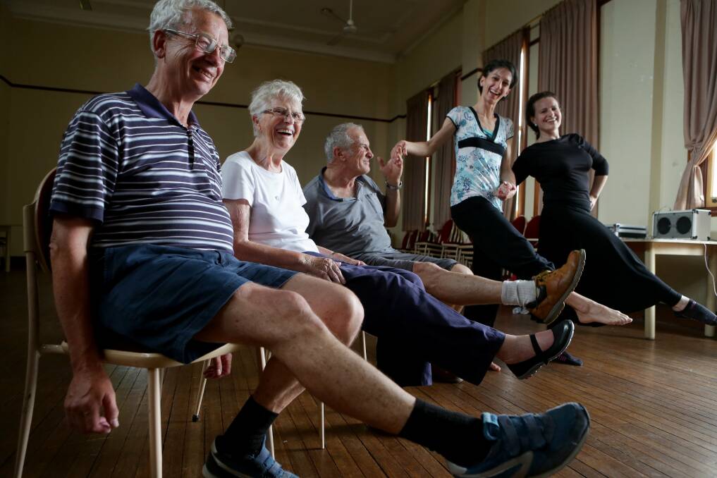 Best foot forward: Dance for Parkinson's instructors Beatriz Occhiuzzi and Natasha Cesco (right) are helping improve the lives of people with the illness, including Kevin Stirling, Helen Dewhurst and Frank Leaver. Picture: Jane Dyson
