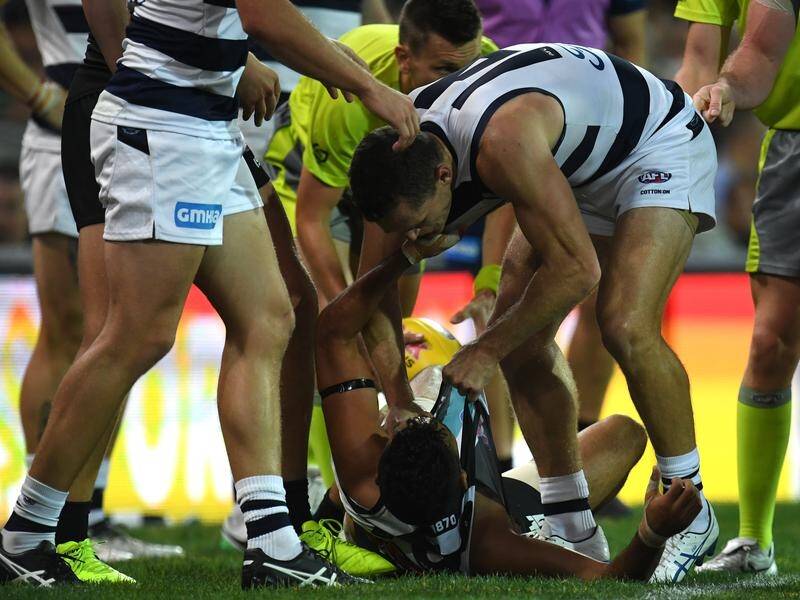 Geelong captain Joel Selwood clashed with Port Adelaide's Lindsay Thomas at Adelaide Oval.