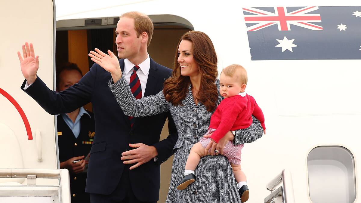 Catherine, Duchess of Cambridge, Prince William, Duke of Cambridge and Prince George of Cambridge leave Fairbairne Airbase, Canberra as they head back to the UK after finishing their royal visit to Australia on April 25. Picture: Getty Images.