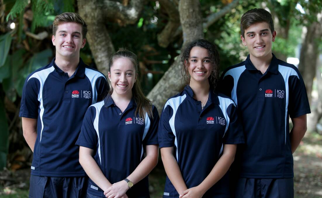 Shire representatives: Port Hacking High School students, Jordan Bailey, Nicole Freer, Catherine Said and William Cassimatis with the uniforms they will wear to the Gallipoli centenary commemoration. Picture: Jane Dyson
