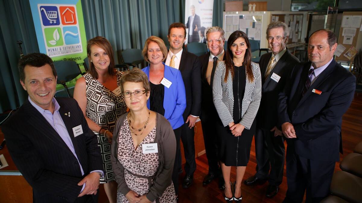 Down to business...Chamber of commerce presidents (from left) Andrew
Manson, Esna Lee (rear) and Karen Johnston with candidates Maryanne
Stuart, Mark Speakman, Greg Holland, Eleni Petinos, Peter Scaysbrook,
Greg Petty. Picture: John Veage
