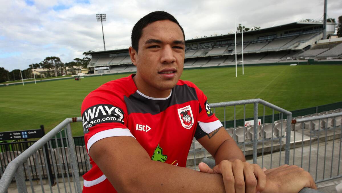 White elephant: New Dragons recruit Tyson Frizell (pictured at Kogarah) and Kiwi international Jason Nightingale are two of the many Dragons players who say they ‘‘love playing at Kogarah’’ — a ground which hosts the first of just four NRL games with Saturday’s 5.30pm match against the New Zealand Warriors. The hard-running 107-kilogram prop Frizell, who joined from the Sharks last year, is poised for a return to the NRL team after missing the last two games through a foot injury. ‘‘I think I’m right to play,’’ Frizell said. Picture: John Veage

