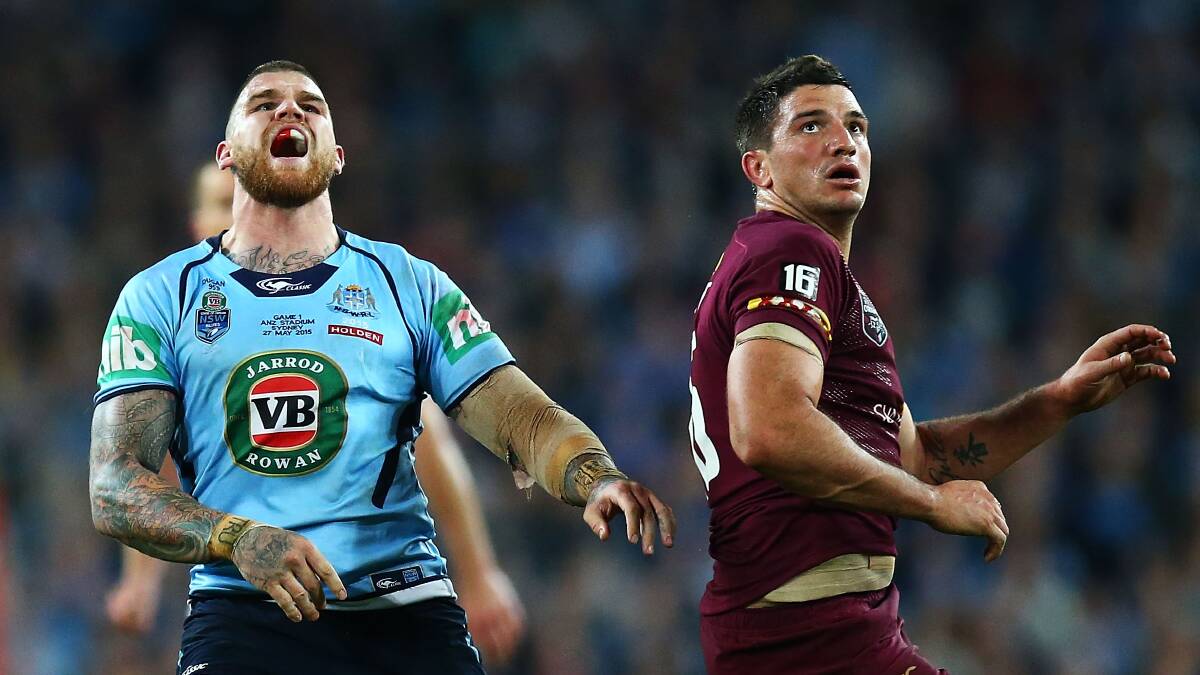 Went close: Dragons and NSW fullback Josh Dugan is agahst at missing with his field goal attempt on Wednesday night at ANZ Stadium. The Maroons won the opening game of the 2015 series, 11-10. Picture: Mark Nolan/Getty Images.