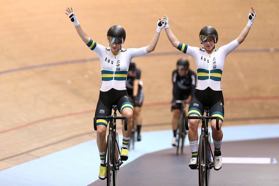Mad for it: Australians Alex Manly and Amy Cure celebrate their madison win. Picture: Cycling Australia