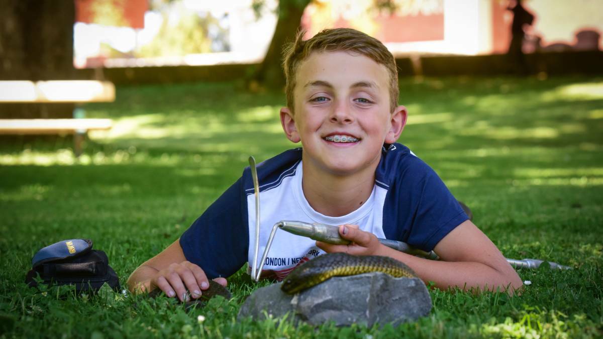 Toby Morrison, 10, with "Closet" the Mount Chappell Island Tiger snake. Picture: Paul Scambler.