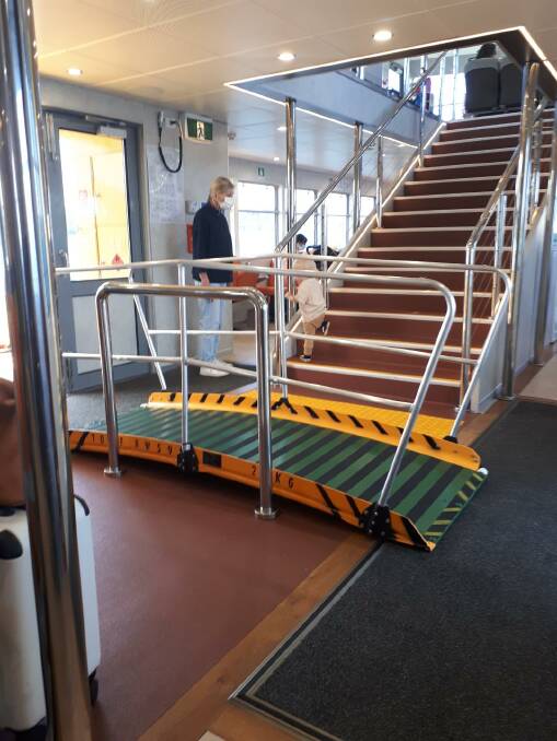 ON BOARD: An extra gangplank is stored in the foyer area of the new Emeralds. Picture: Evelyn Shervington