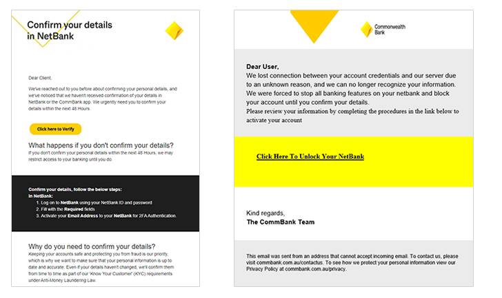 An excerpt from a CommBank-themed phishing email that is currently in circulation. Picture by Commonwealth Bank