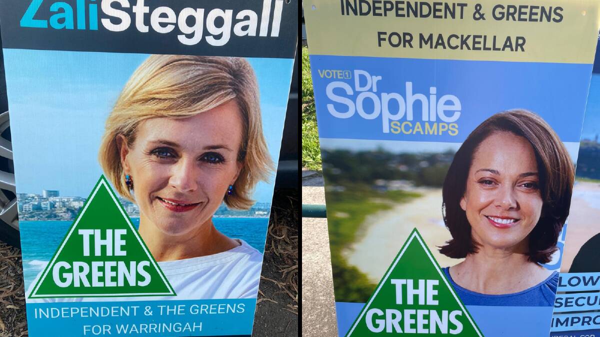 FAKE: Independents Zali Steggall and Dr Sophie Scamps have slammed the distribution of "fake poster" that link them to The Greens. Pictures: Supplied
