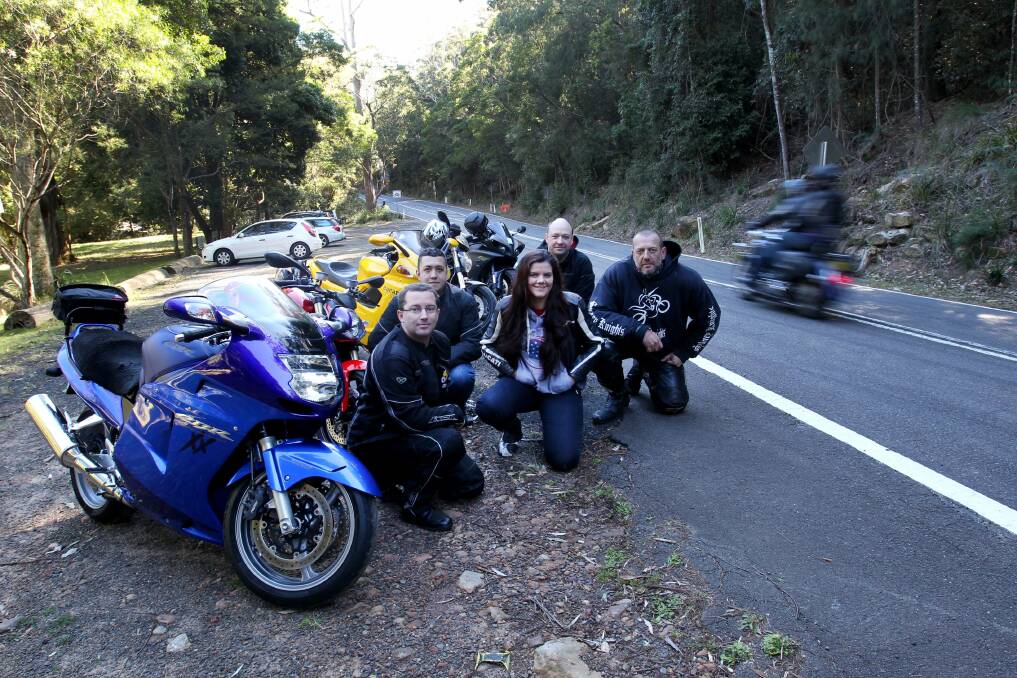 Our park, too": Motor bike riders deny causing "mayhem" in Royal National Park. Steph Di Val, Craig Browne (leader of the weekly riding group Sydney Knights), Justin Dorward (Motorcycle Council of NSW), Troy Provost (Ducati Owners Club of NSW) and Peter Dunn . Picture: Lisa McMahon.