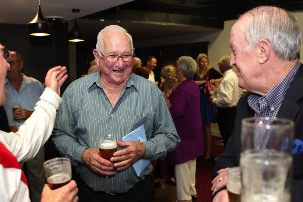 Cheers, "Smacka": Merv Lees with friend and St George Immortal Johnny Raper (right) at his surprise 80th birthday at Cronulla Sharks Leagues Club. Picture: John Veage