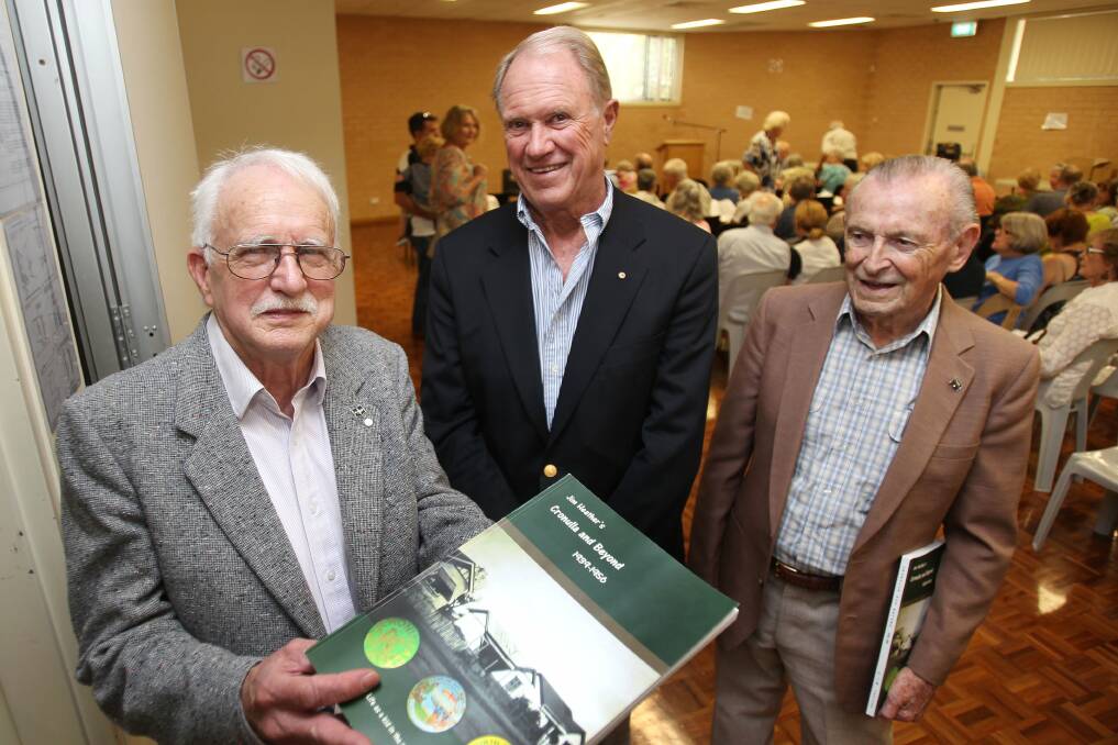 Historic:  Jim Heather (left) at the launch with Bruce Baird and Bob Walshe (right).  Picture: John Veage