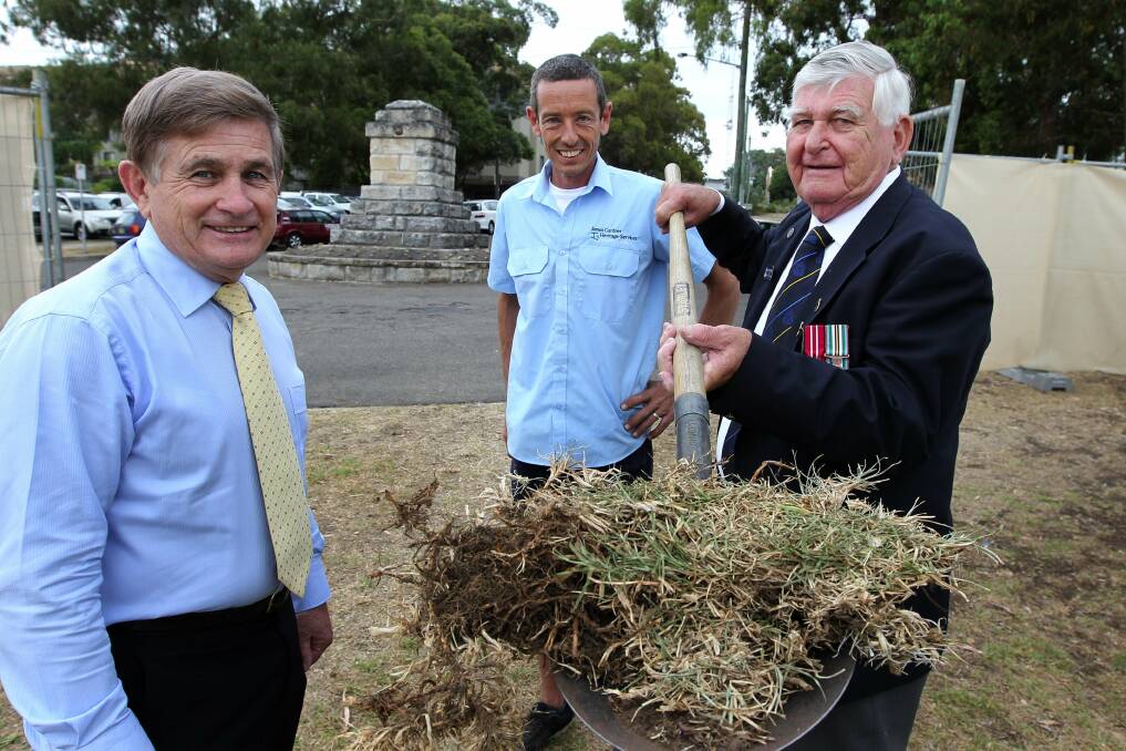 Turning the sod: (Left to right) Sutherland mayor Steve Simpson, James Gardner (heritage services) and Miranda RSL Sub-branch president Bruce Grimley turn the sod for the start of work on the new Miranda RSL war memorial. The memorial is being moved 50 metres from Central Avenue to a new site within Seymour Shaw Park. Picture: John Veage