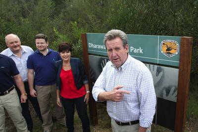 At last:  Premier Barry O’Farrell and (back, from left) MPs Lee Evans, Mark Coure and Robyn Parker were at Dharawal on Sunday ahead of the proclamation.