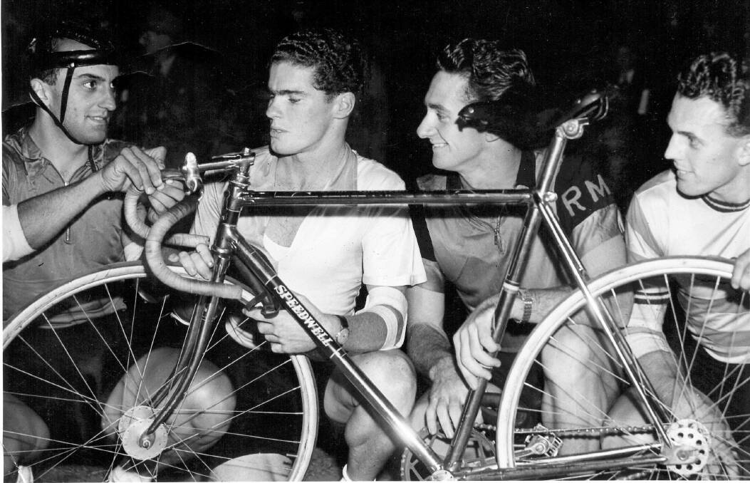 Champions: Charlie Bazzano (left) in his last championship race, talking to national sprint champion John Tressider, of Newcastle, Olympian Roy Moore, of St George, and Olympic gold and silver medallist Lionel Cox. Picture courtesy: Harry Willey