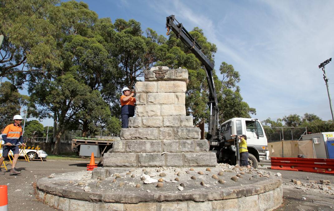 Work starts on the dismantling of the  Miranda war memorial, which is being moved from its site at the end of the cul-de-sac at Central Avenue to a safer location in Seymour Shaw Park. Picture Chris Lane