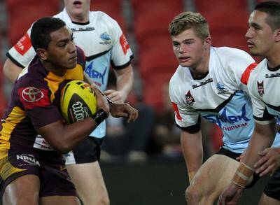 First foray:  Reece Davidson (second from right) in his debut game for the Sharks Under 20s against Brisbane Broncos.