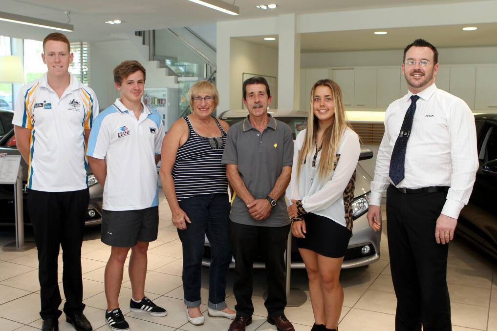 Grinners: Some of the Leader-Tynan Honda winter Sportstar winners (from left) Mitchell Hughes, Mitchell Pepper, Anita Saviane, Frank Scorzelli and Paris Whittaker, with Tynan Honda sales manager, Paul Boyce (right). Picture: Lisa McMahon