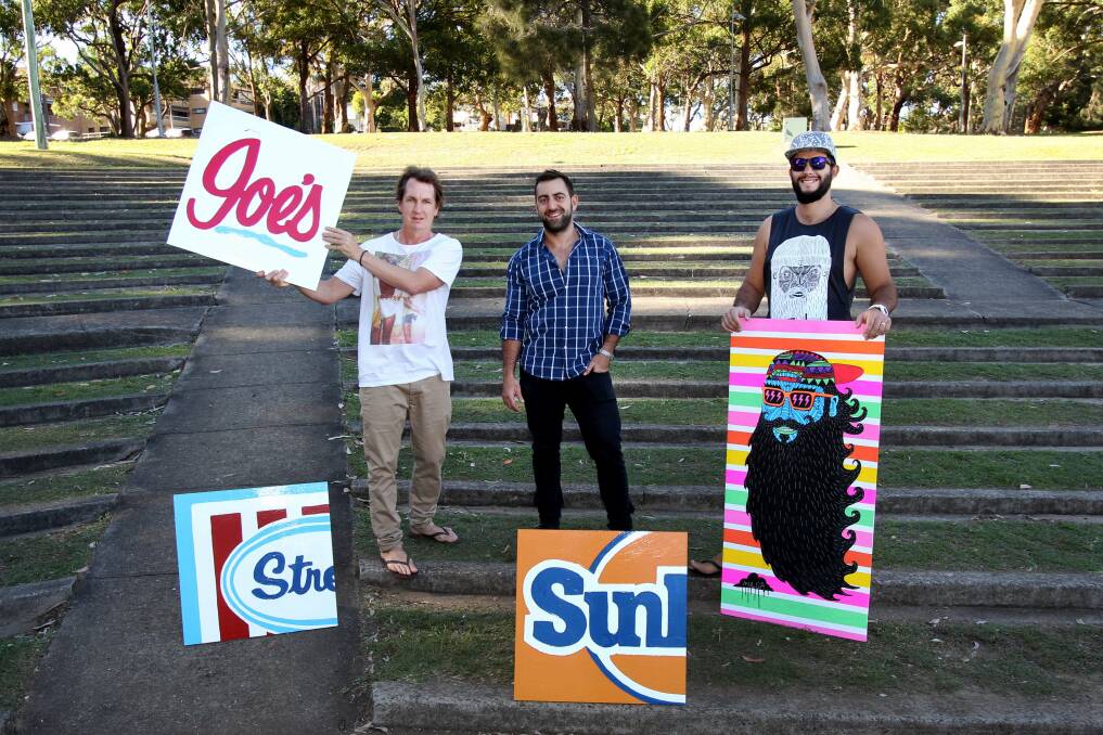 Artists on show: Cronulla’s Endless Summer Festival will showcase live art. Pictured is Craig Hempstead (artist), Mario Kalpou (organiser) and Joel Moore (artist). Right from top, works by artists Mulga, Sam Kane and Those Jazz Cats. Main picture: Lisa McMahon