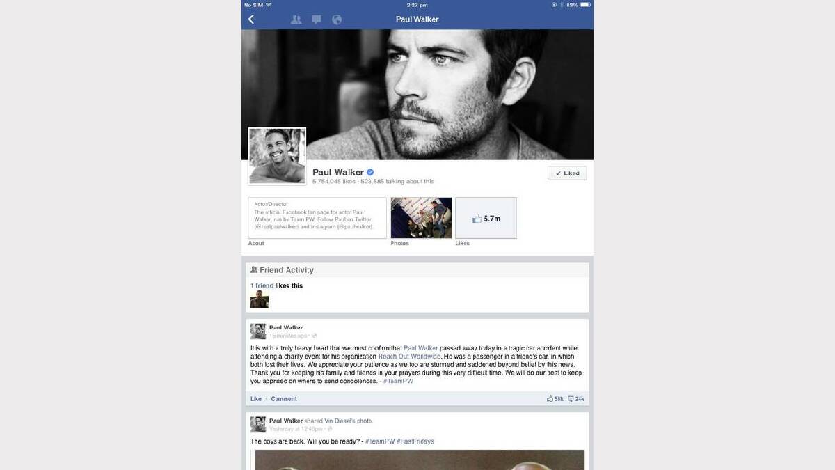 Confirmation of Walker's death on his Facebook page.