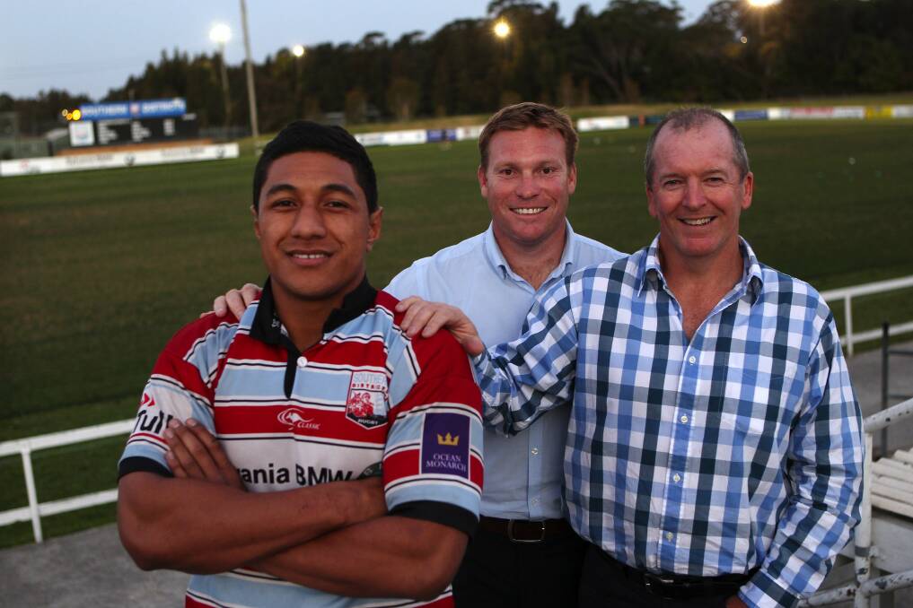 You can do it: Outstanding Australian under 20s centre Apo Latunipulu gets encouragement from former half and coach, Tim Rapp and Gary Rose, the first captain of the first Southern Districts team in 1989. Picture: John Veage